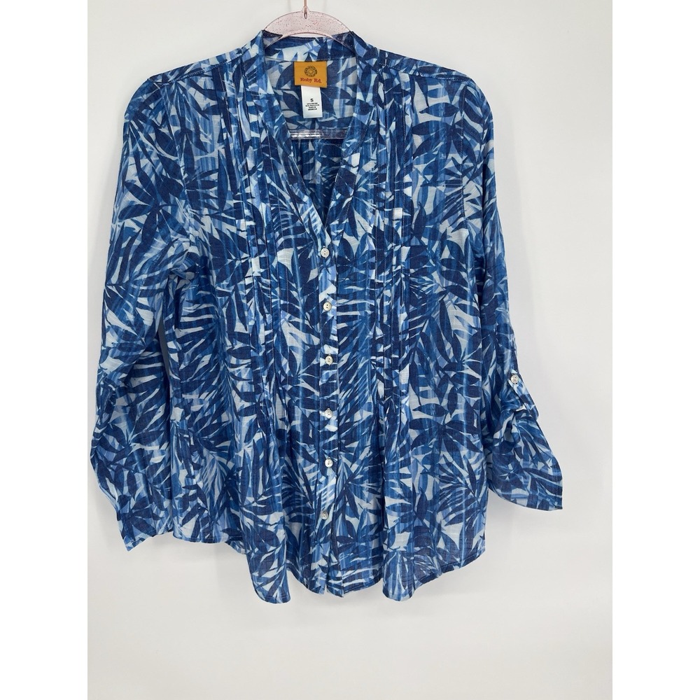 Ruby Rd Pleated Button Up Blouse Top Womens Sz Small Blue Leaf Romantic - Picture 12 of 12